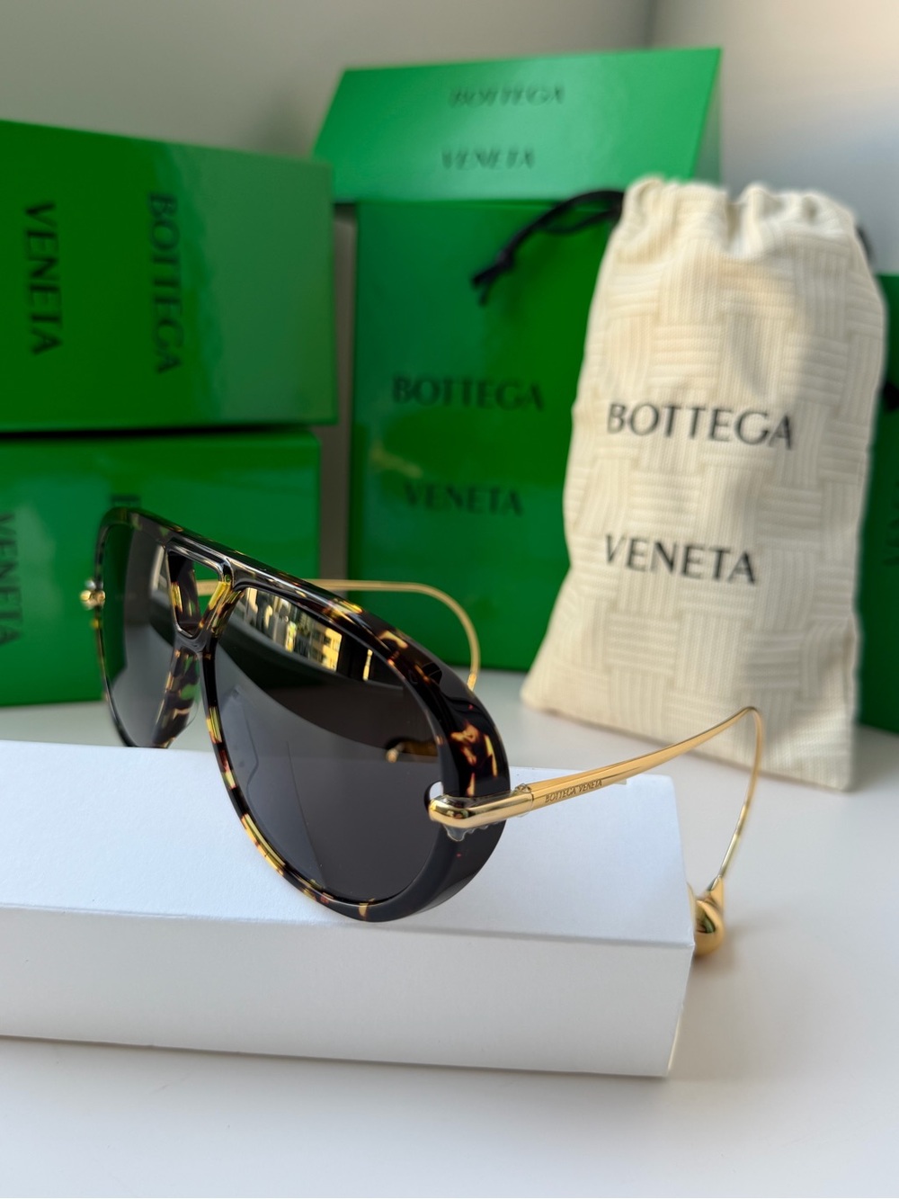 BOTTEGA VENETA BV 1273S 005 Havana Gold Dark Grey Earrings Sunglasses AUTHENTIC